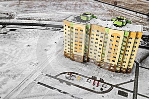 Residential multi-colored houses high-rise buildings. Aerial photography with quadcopter