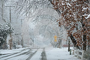 Residential neighborhood city street in severe snowstorm close up