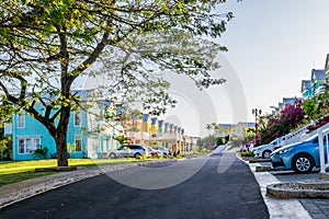 Residential neighborhood of colorful town houses/vacation homes. Upscale gated community residences in Caribbean island.