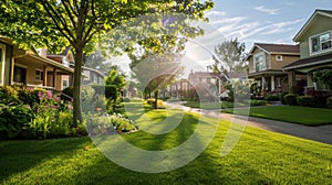 A residential neighborhood with small houses and manicured lawns but a the neatly mowed grass there are plots of land photo