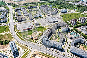 Residential neighborhood with two shopping malls. panoramic aerial view