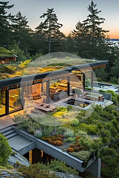 Residential property with a living green roof, blending seamlessly into the landscape, emphasizing eco-conscious design.