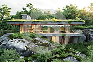 Residential property with a living green roof, blending seamlessly into the landscape, emphasizing eco-conscious design