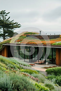 Residential property with a living green roof, blending seamlessly into the landscape, emphasizing eco-conscious design.