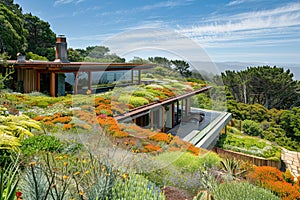 Residential property with a living green roof, blending seamlessly into the landscape, emphasizing eco-conscious design