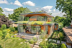 Residential property with a living green roof, blending seamlessly into the landscape, emphasizing eco-conscious design