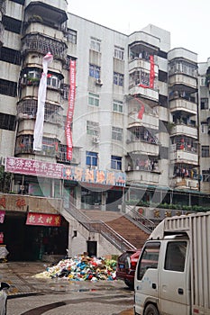 Residential quarters old buildings hanging banners to protest the real estate business