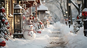 Residential snow-covered house decorated for Christmas