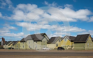 Residential townhouses and blue sky. Modern complex of apartment buildings. A view of residential area in Oregon USA