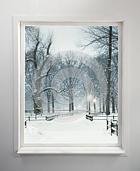 Residential window with snowy park