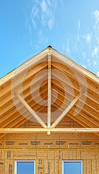 Residential wood frame construction home framing with copy space against blue sky