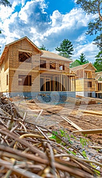 Residential wood frame construction home framing under clear blue sky with copy space