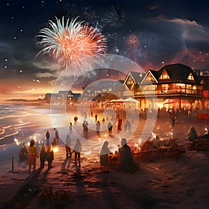 Residents celebrating the new year on the beach, fireworks in the night sky. New Year\'s fun and festiv photo