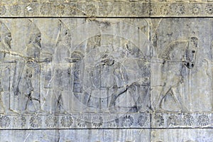 Residents of historical empire with animals. Stone bas-relief in ancient city Persepolis, Iran