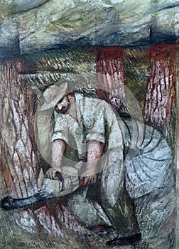 Residents of Hohenberg work in forests, fresco on the wall of the pilgrimage house of St. James in Hohenberg, Germany