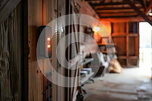 Residents in a rustic barn activate smart lighting and security systems, illustrating modern conveniences.