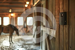 Residents in a rustic barn activate smart lighting and security systems, illustrating modern conveniences.