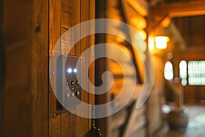 Residents in a rustic barn activate smart lighting and security systems, illustrating modern conveniences.