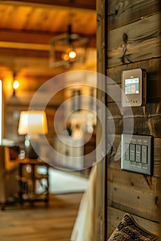 Residents in a rustic barn activate smart lighting and security systems, illustrating modern conveniences.