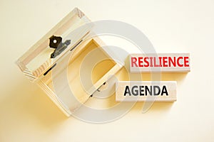Resilience agenda symbol. Concept word Resilience agenda typed on wooden blocks. Beautiful white table white background. Empty