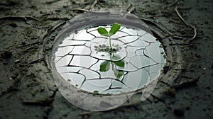 Resilience concept. A seedling sprouting in a circular puddle.