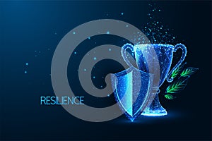 Resilience, empowerment, persistence, grit futuristic concept with shield and trophy on dark blue