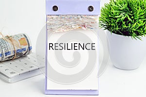 RESILIENCE text, word, inscription on a desktop calendar on a white background next to money and a green flower