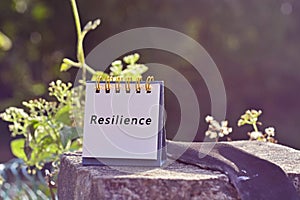 Resilience text written on white note with blurred background of hanging bridge