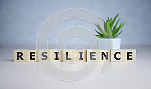 Resilience word concept on cubes on blue background.