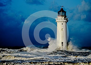 A resilient lighthouse stands strong against a raging storm