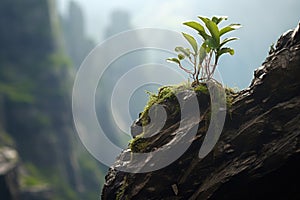 a resilient plant sprouting from a rugged mountain cliff