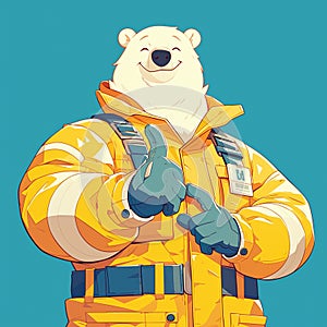 A resilient polar bear sanitation worker cartoon style