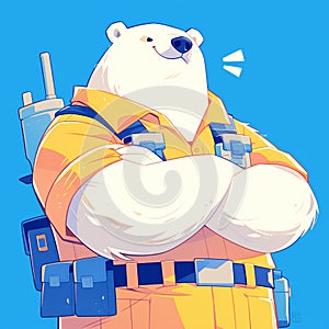 A resilient polar bear sanitation worker cartoon style