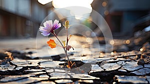 Resilient Small Flower Grows Through Cracked Street