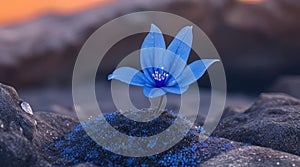 Resilient Violet Blue Delicate Flowers Thriving on Harsh Tundra Rock Cliffs.