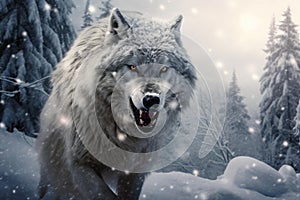 Resilient Wolf on snowy mountain massive. Generate ai