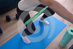 Resistance band exercises with fabric elastic equipment closeup