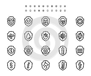 Resistance, Protection from External Influence and Guarding Related Vector Icon Set in Outline Style