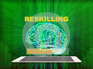 Reskilling loading on brain modern technology machine learning on computer tablet