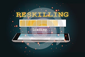 Reskilling loading on smartphone on abstract background