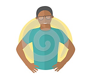 Resolute handsome black man in glasses. Flat design icon. Decisive boy with arms akimbo. Simply editable isolated vector illustrat