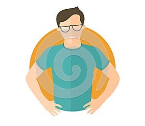 Resolute handsome man in glasses. Lets do it concept. Flat design icon. Decisive boy with arms akimbo. Simply editable isolated ve