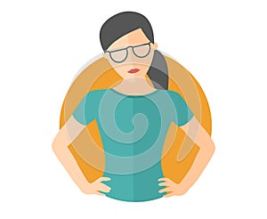 Resolute pretty girl in glasses. Lets do it concept. Flat design icon. Decisive woman with arms akimbo. Simply editable isolated v photo