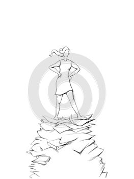 Resolute woman is standing on stack of paper