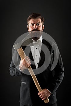 Resoluteness concept. Decision was made. Man brutal hipster with axe. Sharp ax hand confident guy. Masculinity and photo
