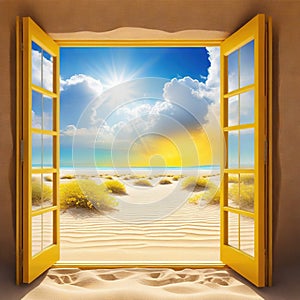 resolution or Surreal desert landscape with white clouds going into the yellow square portals on sunny Technology