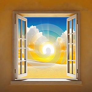 resolution or Surreal desert landscape with white clouds going into the yellow square portals on sunny Technology