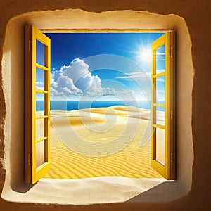 resolution or Surreal desert landscape with white clouds going into the yellow square portals on sunny Technology