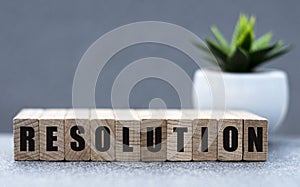 RESOLUTION - word on wooden cubes on a gray background with a cactus