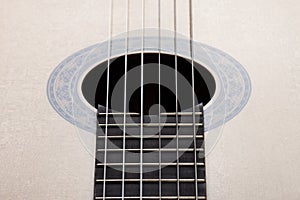 Resonator of a classical guitar with the strings.